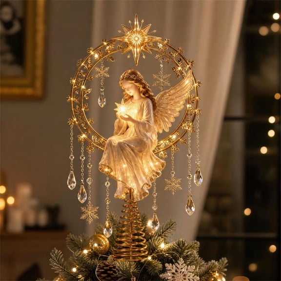 Christmas Tree Topper, Angel Tree Top Decoration with Halo Star Crystal Dangling Charms, Spiral Base for Holiday Decor