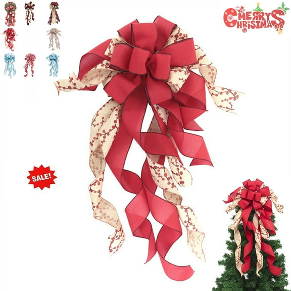 Christmas Tree Topper Big Buffalo Plaid Red Bow with Streamers Burlap Farmhouse Tree Decorations Rustic Xmas Ribbon Tree Toppers Wired Edge Decorative Bow for Tree,Wreath, Door Holiday Decor