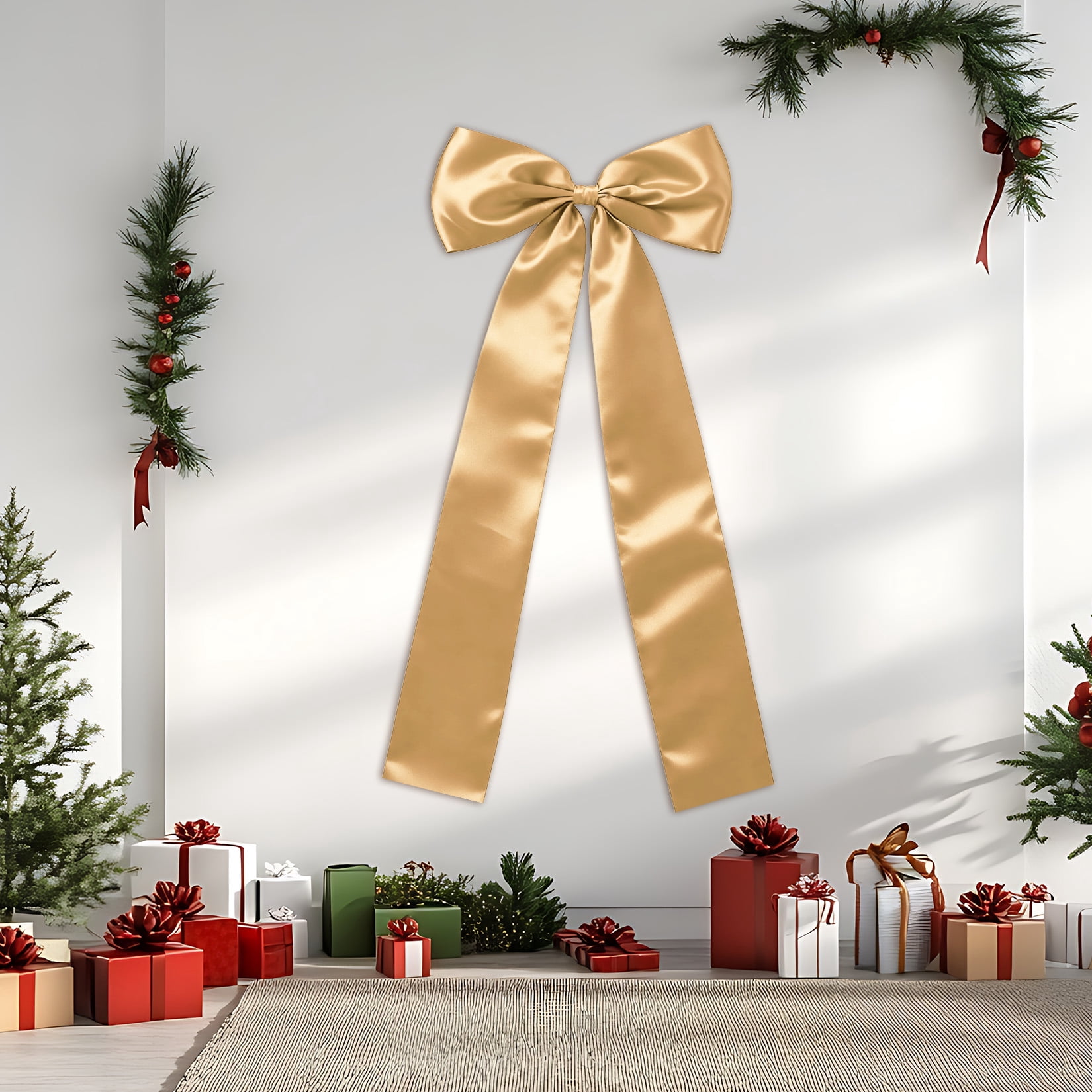 Christmas Tree Topper Bow - 23.62 x 62.99inches Classic Ribbon Bow for Xmas Tree Decor, Fireplace, Staircase, Holiday Party & Wedding Decorations(1PCS)