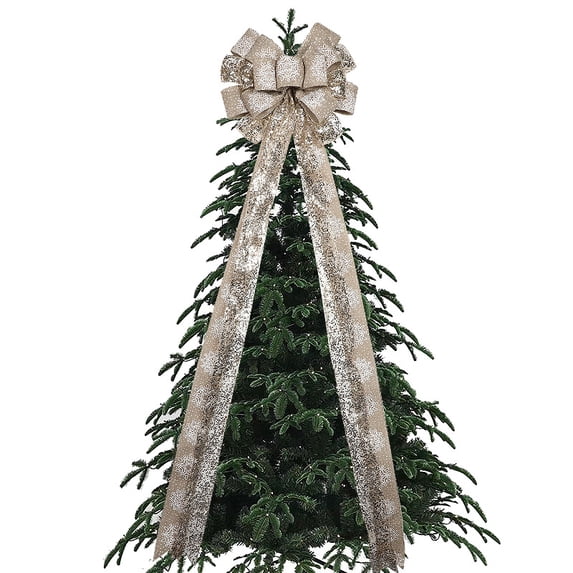Christmas Tree Topper Bow, 45"x 13" Large Handmade Christmas Bows Wreath with Long Streamer Glitter Velvet Wired Ribbon for Home Christmas Tree Decor, Red/Gold/Plaid