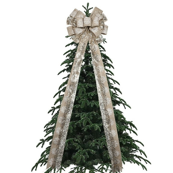 Christmas Tree Topper Bow, 45"x 13" Large Handmade Christmas Bows Wreath with Long Streamer Glitter Velvet Wired Ribbon for Home Christmas Tree Decor, Red/Gold/Plaid