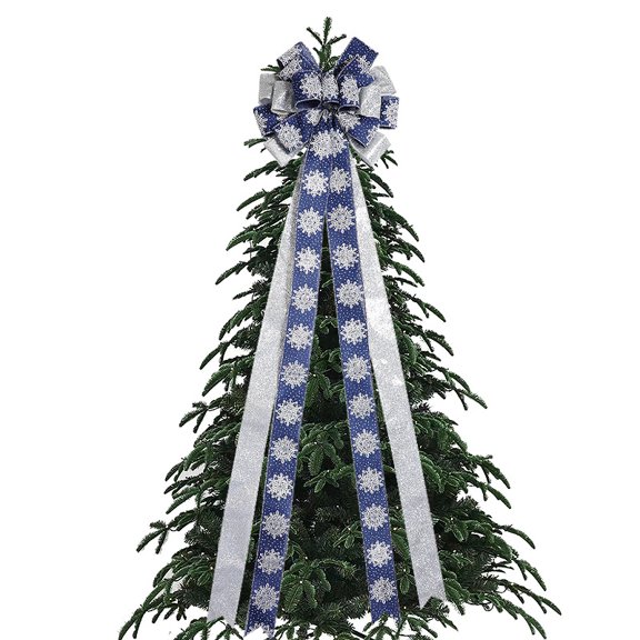 Christmas Tree Topper Bow, 45"x 13" Large Handmade Christmas Bows Wreath with Long Streamer Glitter Velvet Wired Ribbon for Home Christmas Tree Decor, Red/Gold/Plaid