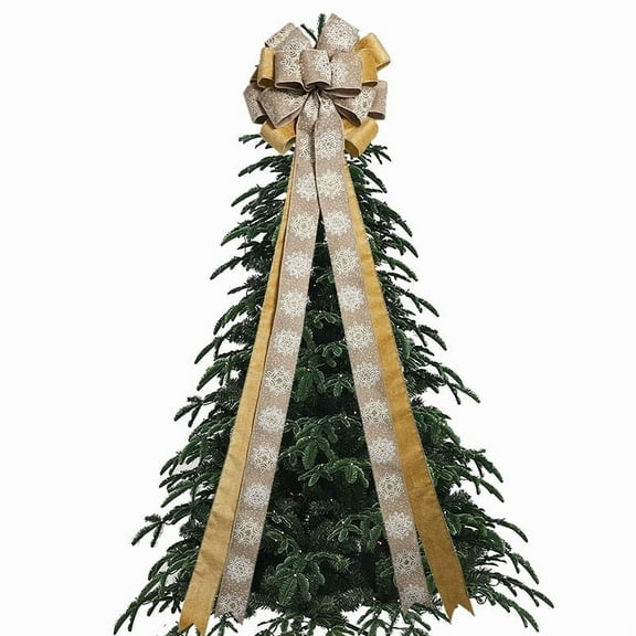 Christmas Tree Topper Bow, 45"x 13" Large Handmade Christmas Bows Wreath with Long Streamer Glitter Velvet Wired Ribbon for Home Christmas Tree Decor, Red/Gold/Plaid