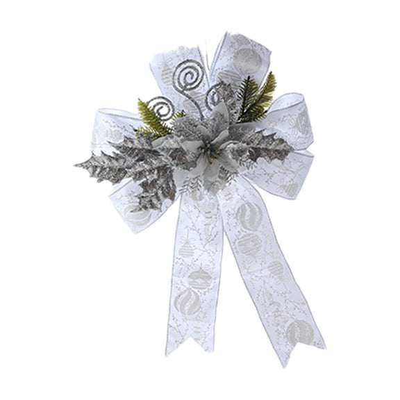 Christmas Tree Topper Bow Flower, Glitter Ribbon and Flower Design, Xmas Handmade Bow for Home, Wedding, Birthday Party, Holiday Decoration (Silver)