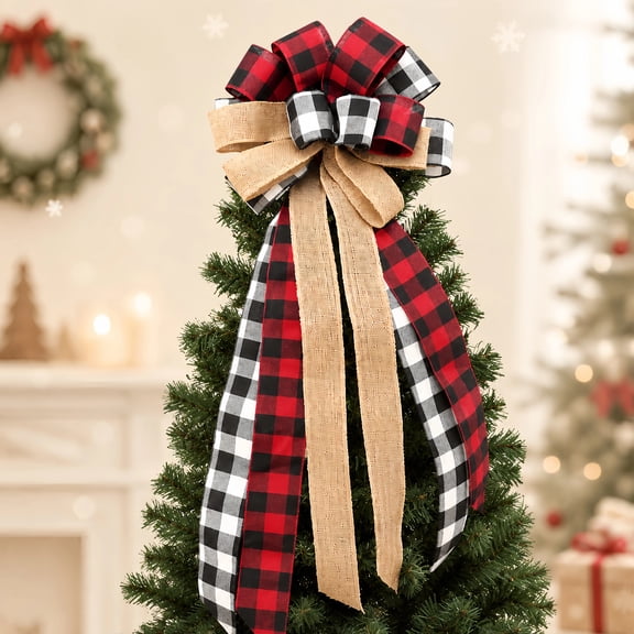 Christmas Tree Topper Bow, 13 x 30 in Large Buffalo Plaid Wired Ribbon with Long Tails for Tree, Wreath, Front Door & Mantel Decor