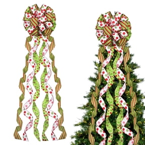Christmas Tree Topper Bow Large Red Green White Striped Wired Edge Ribbon Bow Xmas Tree Top Bow With Long Streamers Christmas Tree Decorations For Holiday Home Decor