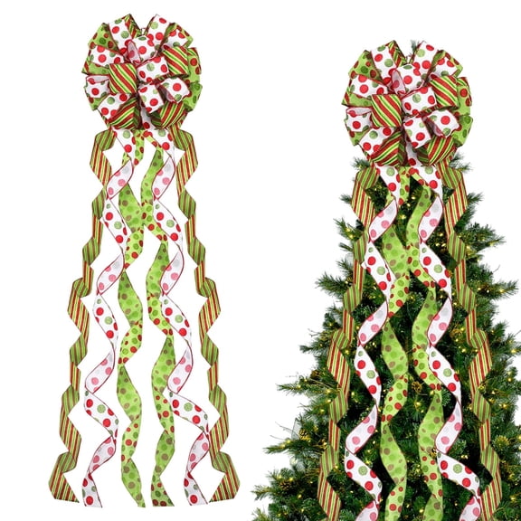 Christmas Tree Topper Bow Large Red Green White Striped Wired Edge Ribbon Bow Xmas Tree Top Bow With Long Streamers Christmas Tree Decorations For Holiday Home Decor