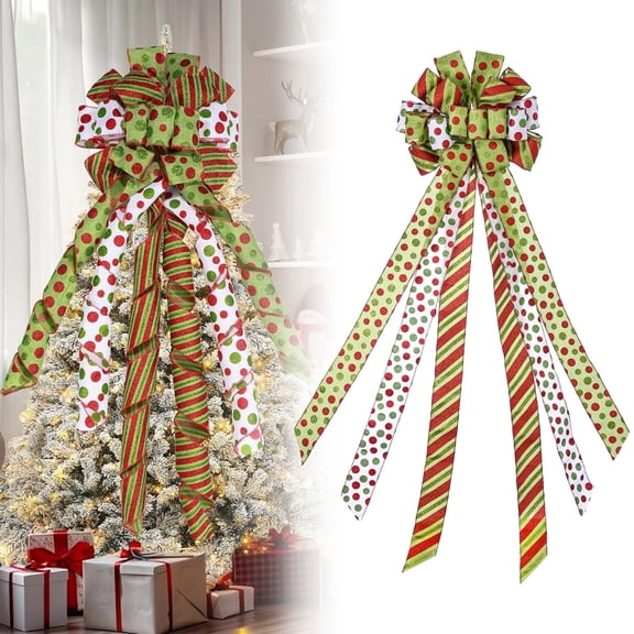 Christmas Tree Topper Bow,Pre-Tied Large Green Bow Tree Topper,40"x12" Polyester with Red and Green Dots and Stripes for Xmas Home Wedding Thanksgiving Indoor Outdoor Decoration