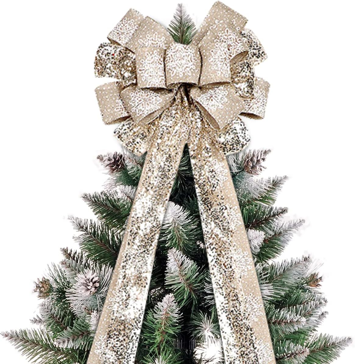 Christmas Tree Topper, Christmas Tree Bow Topper with Snowflake Handmade Tree Topper Large