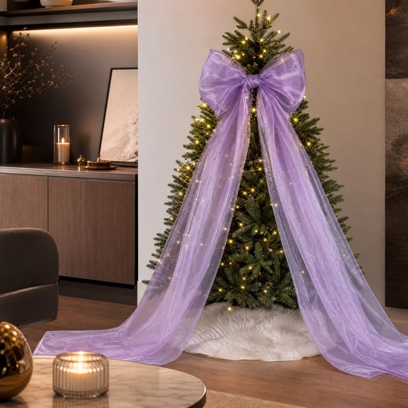 Christmas Tree Topper Bows - 79"x20" Large Purple Glitter Tulle Bows with Long Streamers for Xmas Garland, Mantel, Door, Staircase, Wedding, Party, Indoor Outdoor Decorations