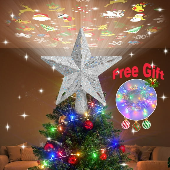 Christmas Tree Topper, Snowflake Tree Topper Built-in LED Rotating Lights with 6 Projection Modes for Holiday Decorations-Sliver
