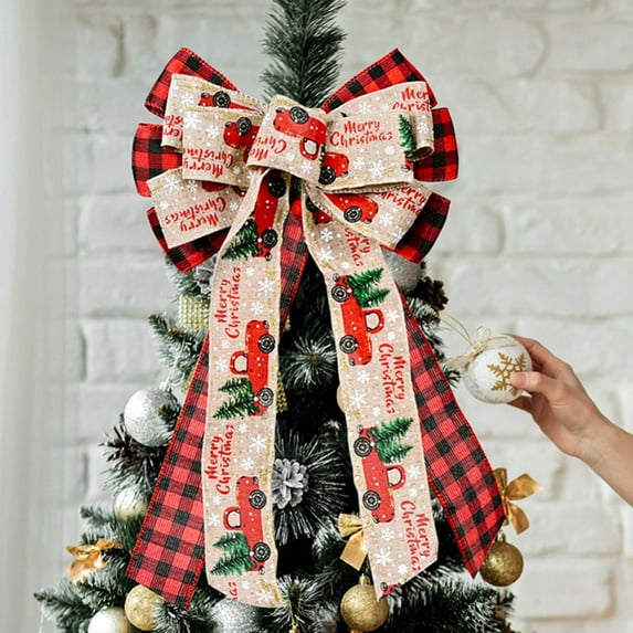 Christmas Tree Topper Buffalo Plaid Decorative Bow - Buffalo Plaid Red Black Burlap Decorative Bow - for Home Décor, 9 x 16 Inch