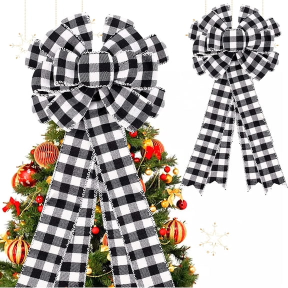 Christmas Tree Topper Buffalo Plaid Decorative Bow,Farmhouse Large Gift Bow Plaid Wreath Bows Banister Bow Christmas Bows for Xmas Decorations