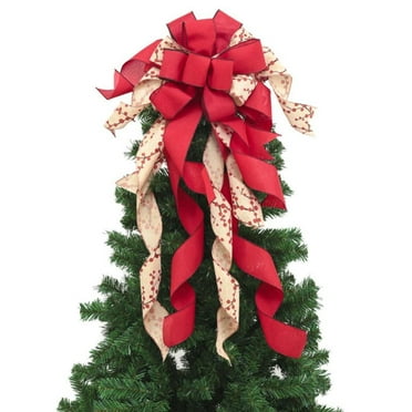 Christmas Tree Topper - Buffalo Plaid Red Black Burlap Decorative Bow - Rustic Farmhouse Xmas Decorations Home Decor - Handmade