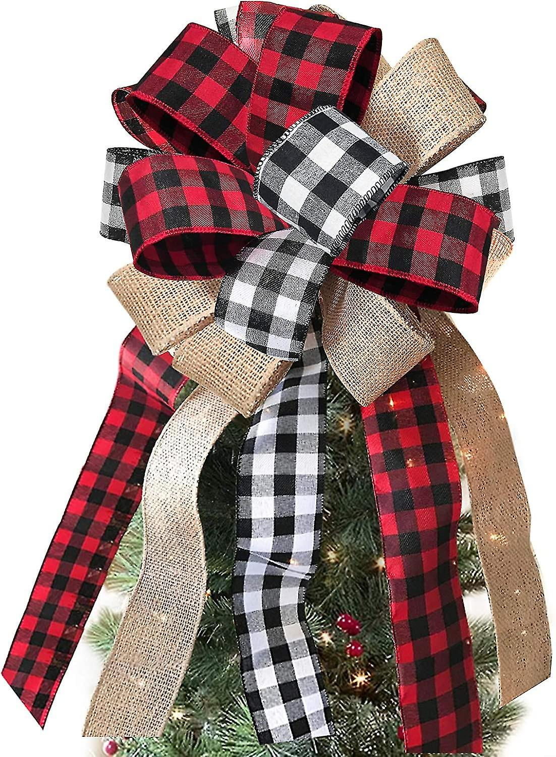 Rustic Buffalo Plaid Burlap Christmas Tree Topper Bow