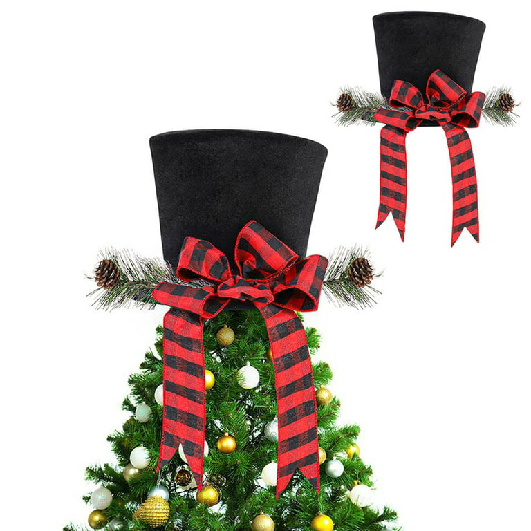 Christmas Tree Topper Burlap Plaid Hat with Bows Ornament Winter Holiday Home Decoration Xmas Festive Gift Ideas Supplies, Size: 24 in, Black