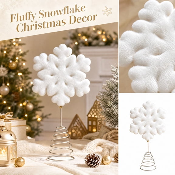 Christmas Tree Topper Christmas Decor,White Furry Snowflake Stand Ornament with Metal Spring Base,Christmas Table Centerpiece,Winter Holiday Desktop Decor for Home Mantel Xmas Party Indoor Decoration