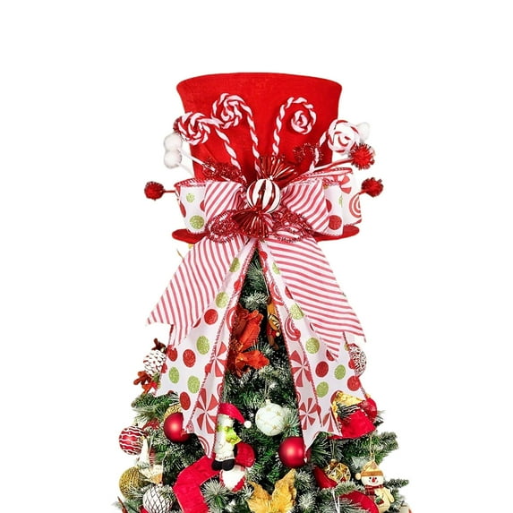 Christmas Tree Topper, Christmas Tree Topper Hat, Candy canes Tree Topper, Tree Topper Christmas Decorations with Bow Ribbon Christmas Tree Ornaments for Home Decor