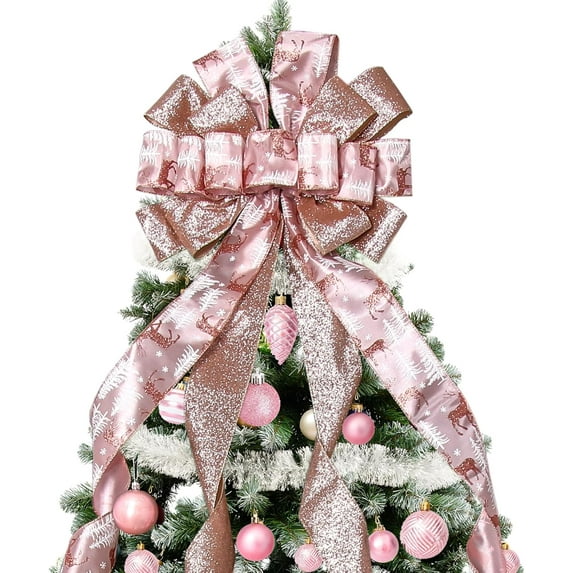 Christmas Tree Topper Christmas Wreath Bow, 52*13 inches Large Tree Toppers Bow with Glitter Streamer and Patterned Ribbon for Xmas Tree Décor Christmas Home Indoor Outdoor Decoration Lake Rose Gold