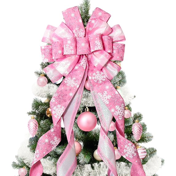 Christmas Tree Topper Christmas Wreath Bow, 52 * 13 inches Large Tree Toppers Bow with Snowflake Patterned for Xmas Tree Décor Christmas Home Indoor Outdoor Decoration Pink