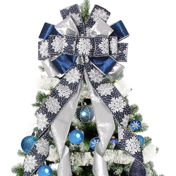 Christmas Tree Topper Christmas Wreath Bow, 52 * 13 inches Large Tree Toppers Bow with Snowflake Patterned for Xmas Tree Décor Christmas Home Indoor Outdoor Decoration Lake Blue Multicolor