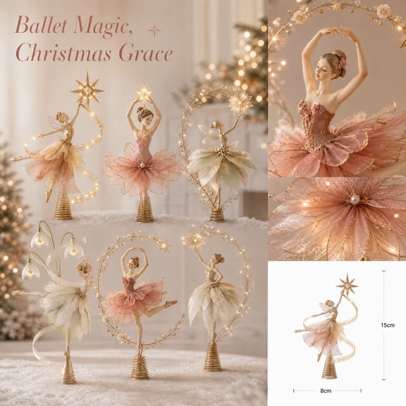 Christmas Tree Topper Decoration, Lighted Ballet Elf Xmas Tree Topper for Holiday Home Decor, Metal (6 Styles, Sold Individually)