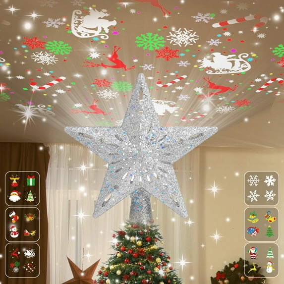 Christmas Tree Topper Decoration Lights LED Rotating Projector, Christmas Star with 6 Slides for Christmas Tree Decoration- Silver