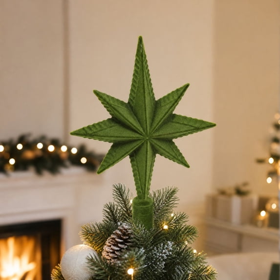 Christmas Tree Topper, Five Point Star Tree Top Ornament, 3D Design, Flocked Finish, Green, Classic Design for Christmas Tree Home Office Party and Holiday Decor