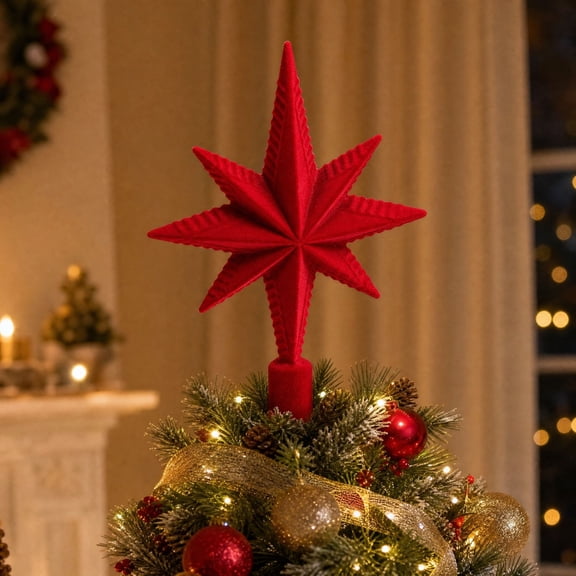 Christmas Tree Topper, Five Point Star Tree Top Ornament, 3D Design, Flocked Finish, Red, Classic Design for Christmas Tree Home Office Party and Holiday Decor