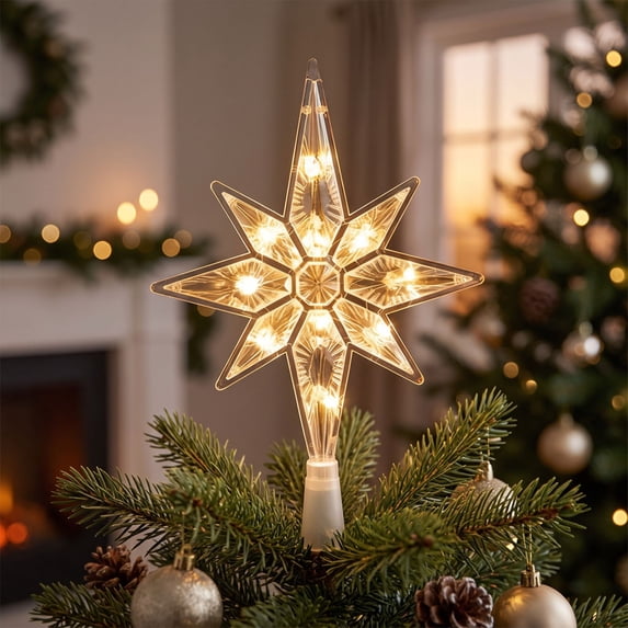 Christmas Tree Topper, Five Point Star Tree Top Ornament, Lighted Design, Glitter Finish, Hollow Design, White Style B for Christmas Tree Home Office Party and Holiday Decor