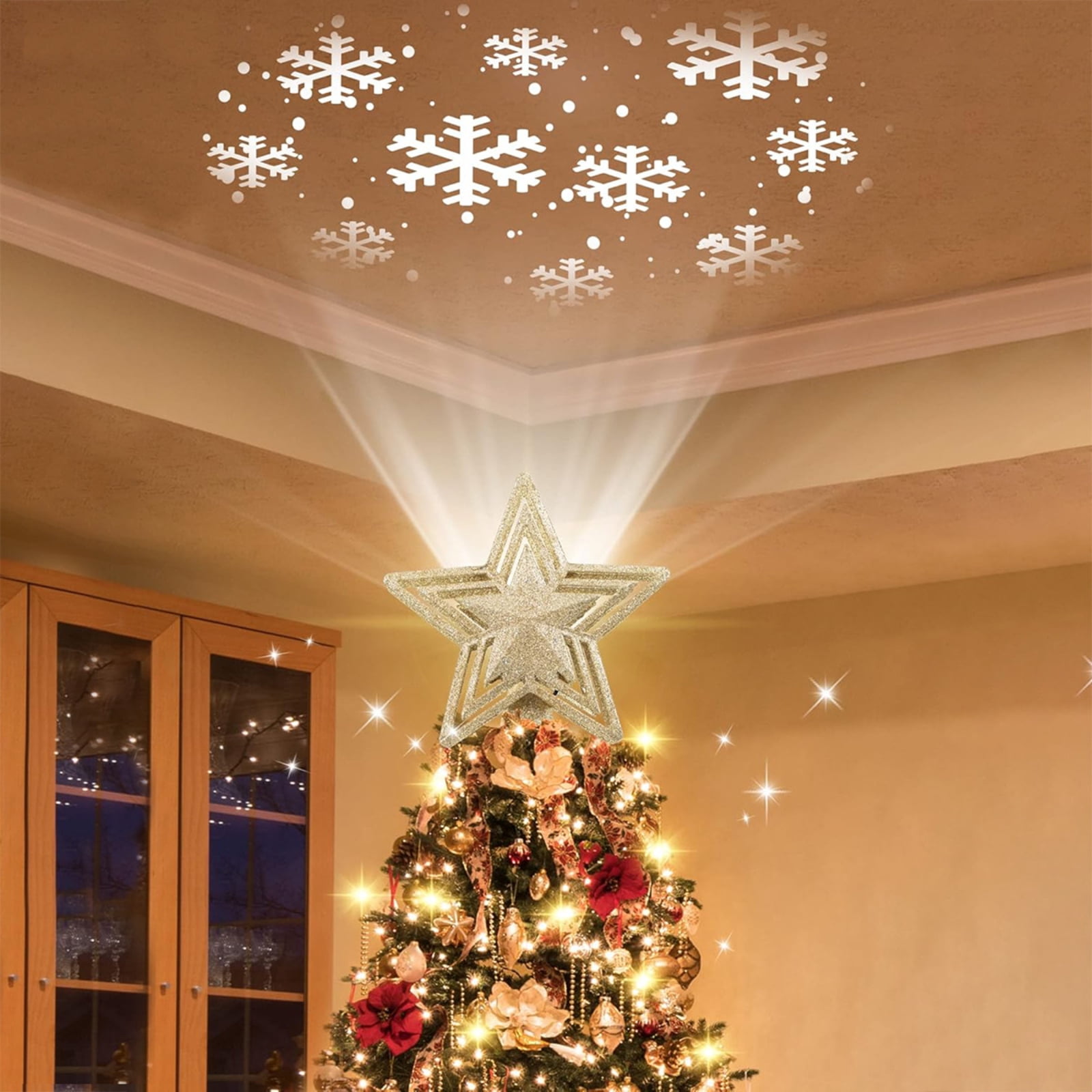 Christmas Tree Topper Glitter 3D Hollow Star LED Projector Light Indoor ...