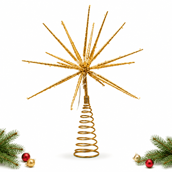 Christmas Tree Topper Gold Starburst With Light 15 Inch Plastic Star Decoration Spiral Base Indoor Holiday Seasonal Home Decor