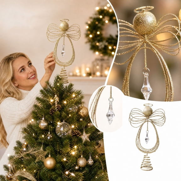 Christmas Tree Topper Gold Wire Glitter Angel Design Holiday Christmas Tree Decor for Seasonal Home Display Festive Christmas Decoration