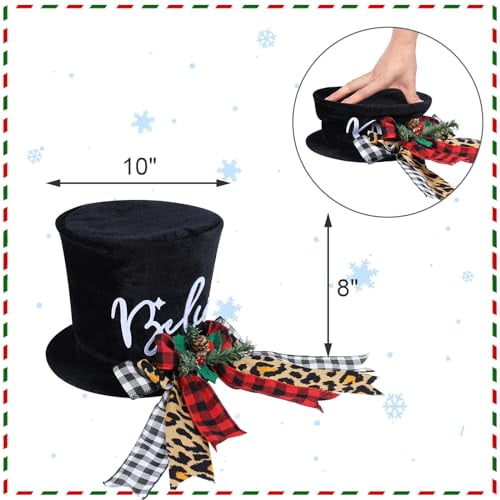 Christmas Tree Topper Hat, Black Velvet Bowler Derby Hat Topper with Long Plaid Ribbon Ornament, Christmas Snowman Topper Hat for Home Holiday Tree Decoration (Christmas Tree Toppe