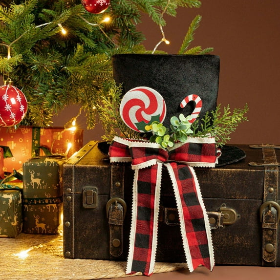 Christmas Tree Topper Hat, Black Xmas Tree Toppers with Buffalo Plaid Big Bow tie and Lengthened Ribbon,Christmas Tree Top Star Black with Bow Hat Tree Top Star Bow Christmas Tree Decoration