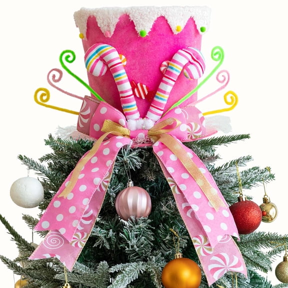 Christmas Tree Topper Hat,Candy Tree Topper,1PCS Candy Canes Tree Topper,Pink Tree Topper Christmas Decorations with Bow Ribbon Christmas Tree Ornaments for Home Decor(Pink)