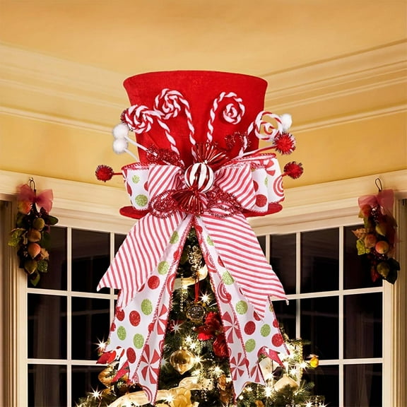 Christmas Tree Topper Hat,Candy Tree Topper,1PCS Candy Canes Tree Topper,Red Tree Topper Christmas Decorations with Bow Ribbon Christmas Tree Ornaments for Home Decor(Red)