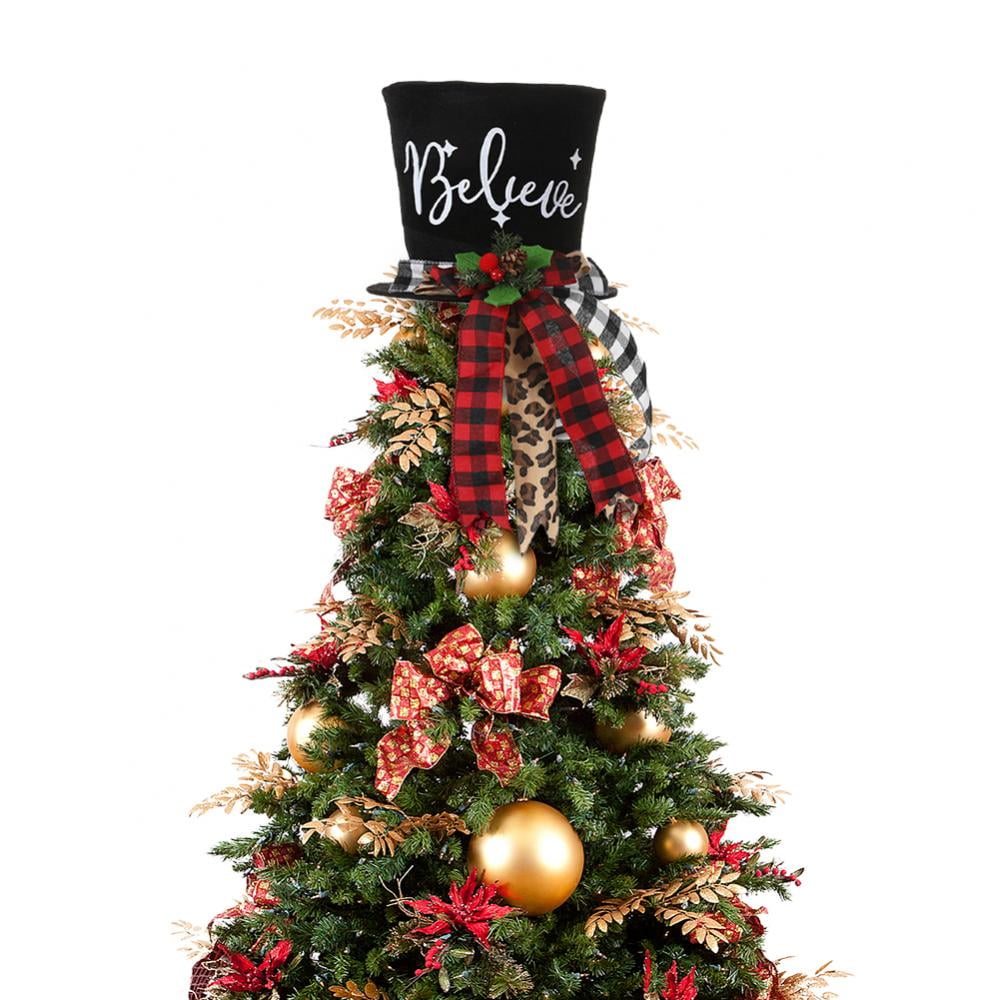 Christmas Tree Topper Hat, Christmas Nutcracker Soldier Topper Hat for Christmas Tree Decoration, Black Velvet Bowler Derby Hat with Long Plaid Ribbon Ornament for Home Holiday Decoration