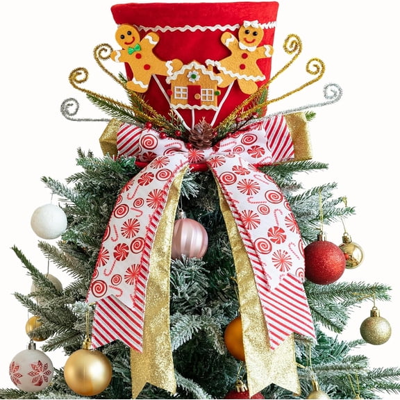 Christmas Tree Topper Hat, Gingerbread Man Christmas Tree Topper, Tree Topper Christmas Decorations with Bow Ribbon Christmas Tree Ornaments for Home Xmas Dcor