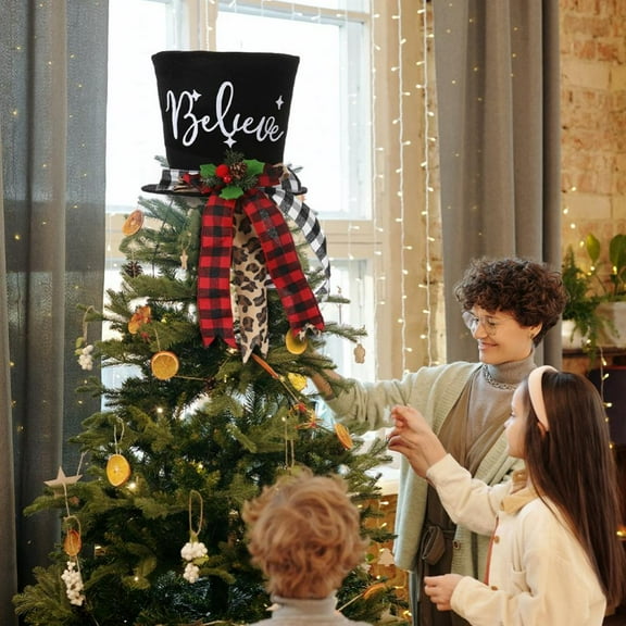 Christmas Tree Topper Hat,Large Black Velvet Bowler Derby Hat with Red Plaid Bow and Lengthened Ribbon Christmas Tree Decorations Desktop Ornaments for Holiday Home Decor (Black)