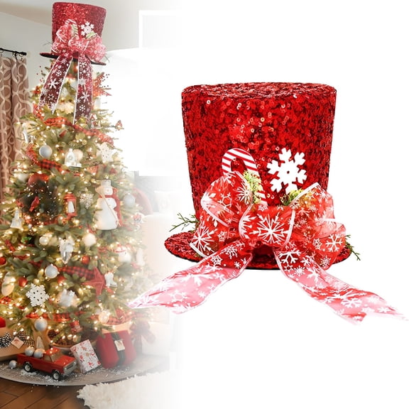 Christmas Tree Topper Hat,Large Red Sequins Top Hat with Bow Ribbon and Snowflake,Christmas Decorations for Xmas Tree Snowman,Desktop Ornaments Holiday Home Decor(Red)