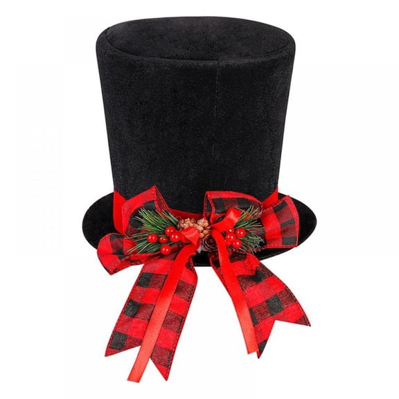 Christmas Tree Topper Hat - Large Velvet Bowler Derby Hat with Plaid Bow and Lengthened Ribbon Christmas Tree Decorations Desktop Ornaments for Holiday Home Decor
