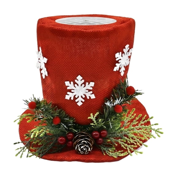 Christmas Tree Topper Hat, Red Snowflake Tree Topper Decoration, Burlap Top Hat Christmas Tree Decor with Pine Cone Berries Greenery, Unique Holiday Tree Top Hat for Xmas Indoor Home Party Decoration