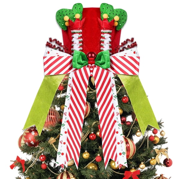 Christmas Tree Topper Hat, Red Velvet Top Hat With Elf Legs & Extra Long Red White Stripe Bow, Whimsical Elf Style Tree Top Ornament, Freestanding Tabletop Holiday Centerpiece, For Christmas Tree