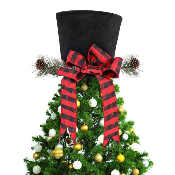 Christmas Tree Topper Hat Red and Black Buffalo Plaid Topper Hat with Stripe Bow and Pinecones Xmas Tree Top Ornament for Home Party Decor Xmas Gift