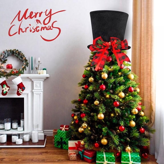 Christmas Tree Topper Hat - Upgrade Large Black Velvet Bowler Derby Hat with Red Plaid Bow and Lengthened Ribbon Christmas Tree Decorations Desktop Ornaments for Holiday Home Decor