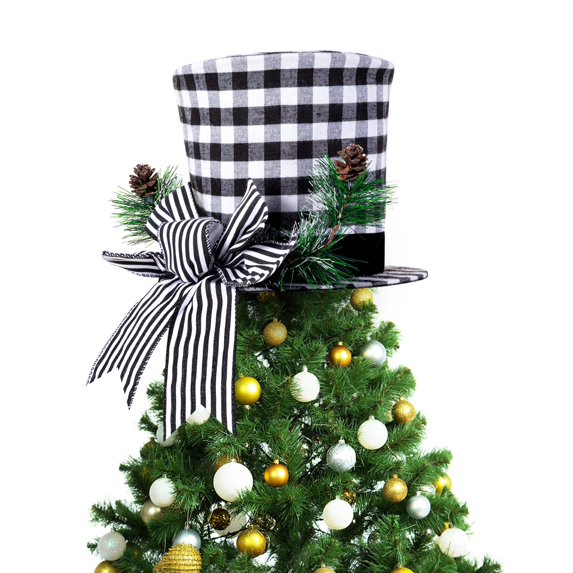 Christmas Tree Topper Hat, Xmas Tree Topper, Top Hat with Large Bow for Christmas Tree Decorations Desktop Ornaments Winter Holiday Party Home Decor