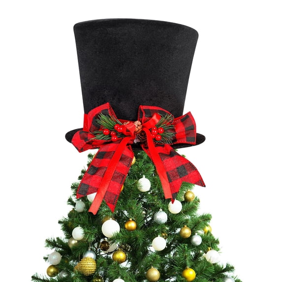 Christmas Tree Topper Hat, Xmas Tree Topper, Top Hat with Large Bow for Christmas Tree Decorations Desktop Ornaments Winter Holiday Party Home Decor