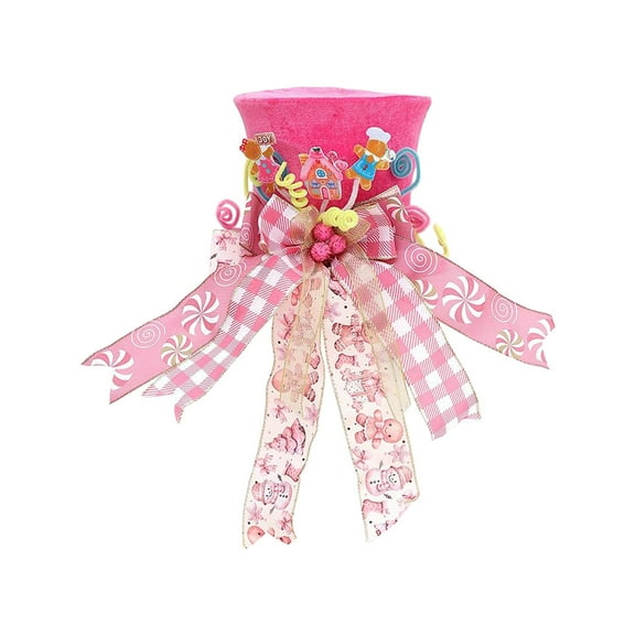 Christmas Tree Topper Hat with Bowknot – Foldable Pink Tree Top Decoration with Gingerbread Man & Candy Accents – Cute Holiday Ornament for Xmas Tree