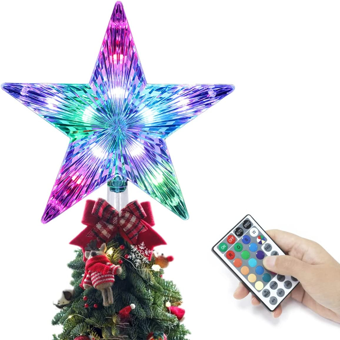 Christmas Tree Topper, LED 20 Light Modes Color Changing 9" Christmas Tree Topper Star Lighted, Remote Controller Multicolor LED Christmas Star USB Powered for Xmas Holiday Party Gift Dcor